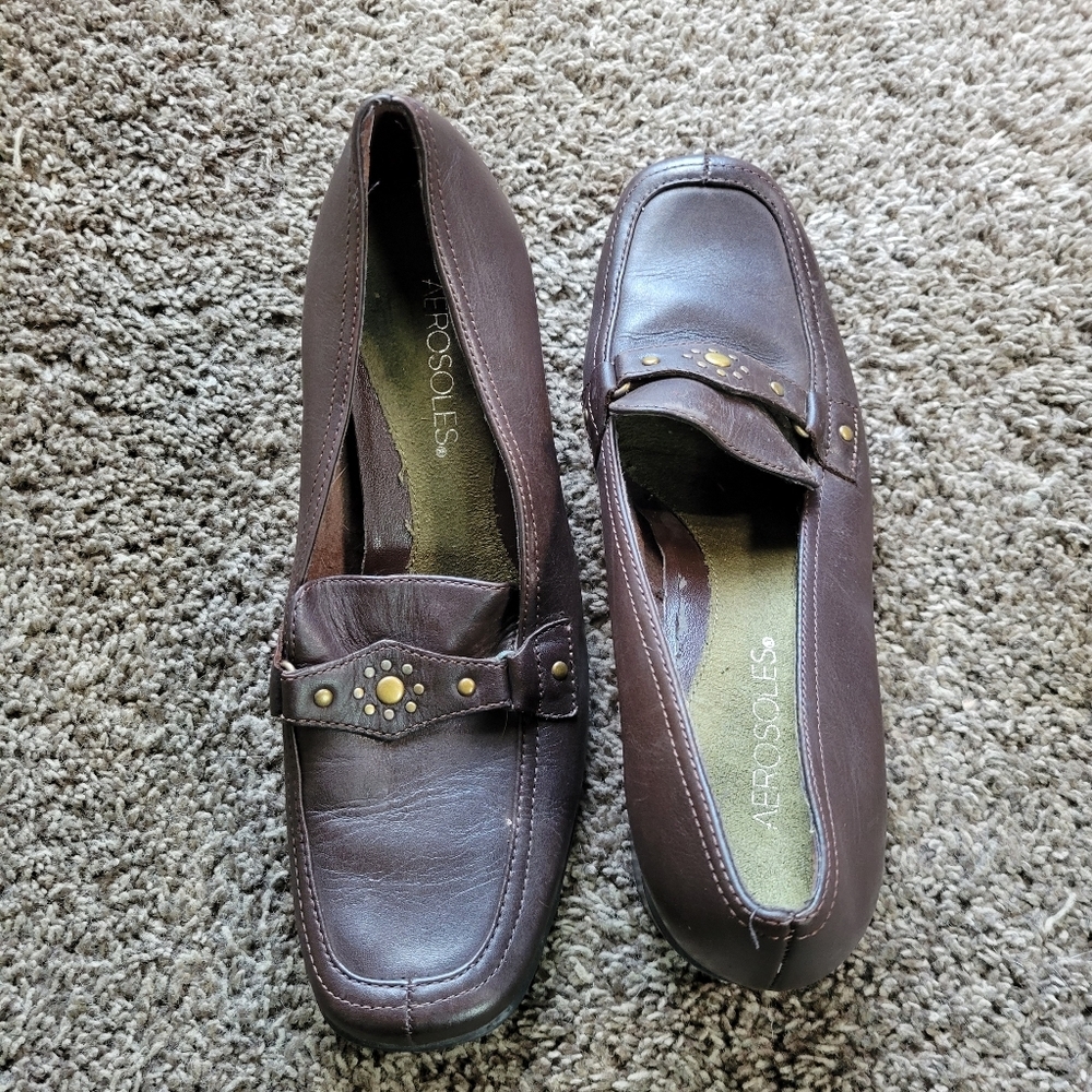 Aerosoles Women 7B Brown Leather Chunky Heel